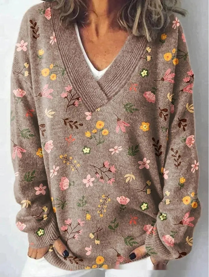 Women's V-neck sweatshirt with 3D floral pattern in art retro style, long sleeves, pullover design