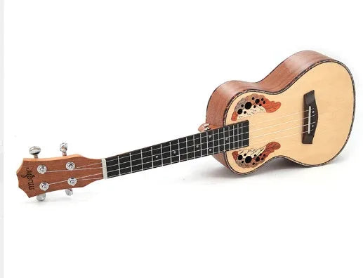 23 inch spruce grape hole ukulele with rosewood fingerboard and chrome tuning pegs, wood colour finish