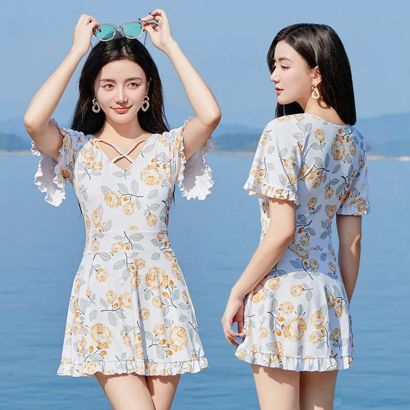 Women's high waist slimming swimsuit with floral print in blue pattern and white flower options
