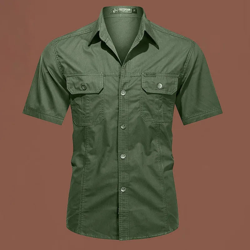 Men's short sleeve cotton work shirt in a loose cardigan style, shown in army green.