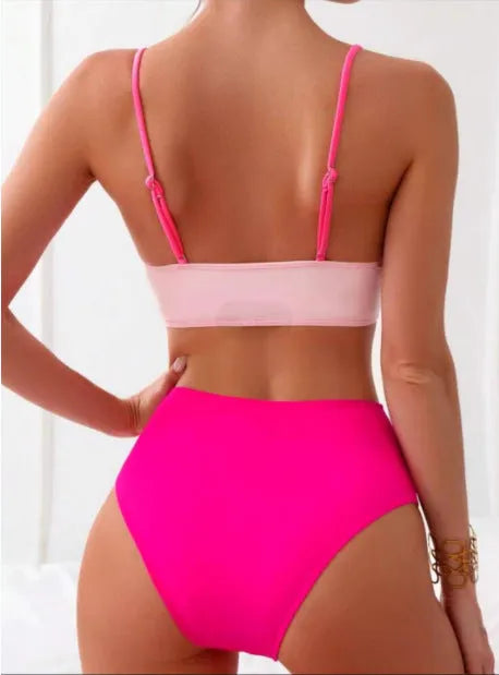 Colour contrast two-piece bikini set with top and briefs, available in yellow, blue, and red, sizes S to XL, polyester lining.