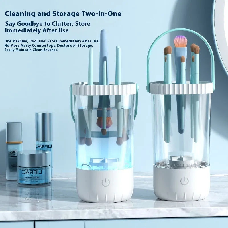 White rechargeable electric makeup brush cleaning unit with USB cable.