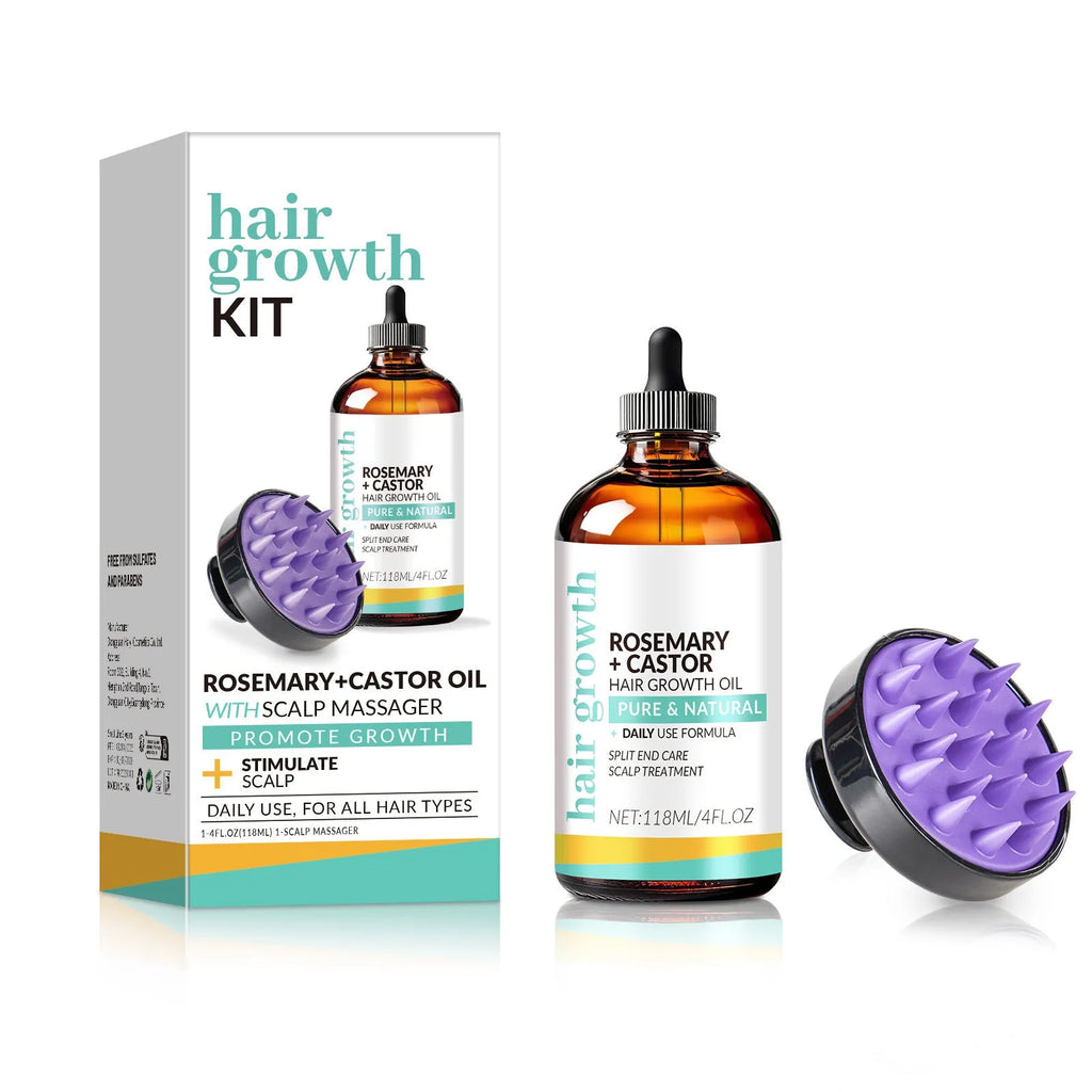 118ml bottle of bright yellow hair treatment oil with a plastic massage brush applicator for dense long hair.