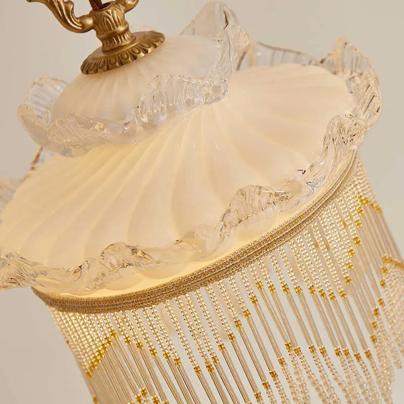 Tassel chandelier with copper lamp body and glass lampshade, LED light source, for dining room or bedroom