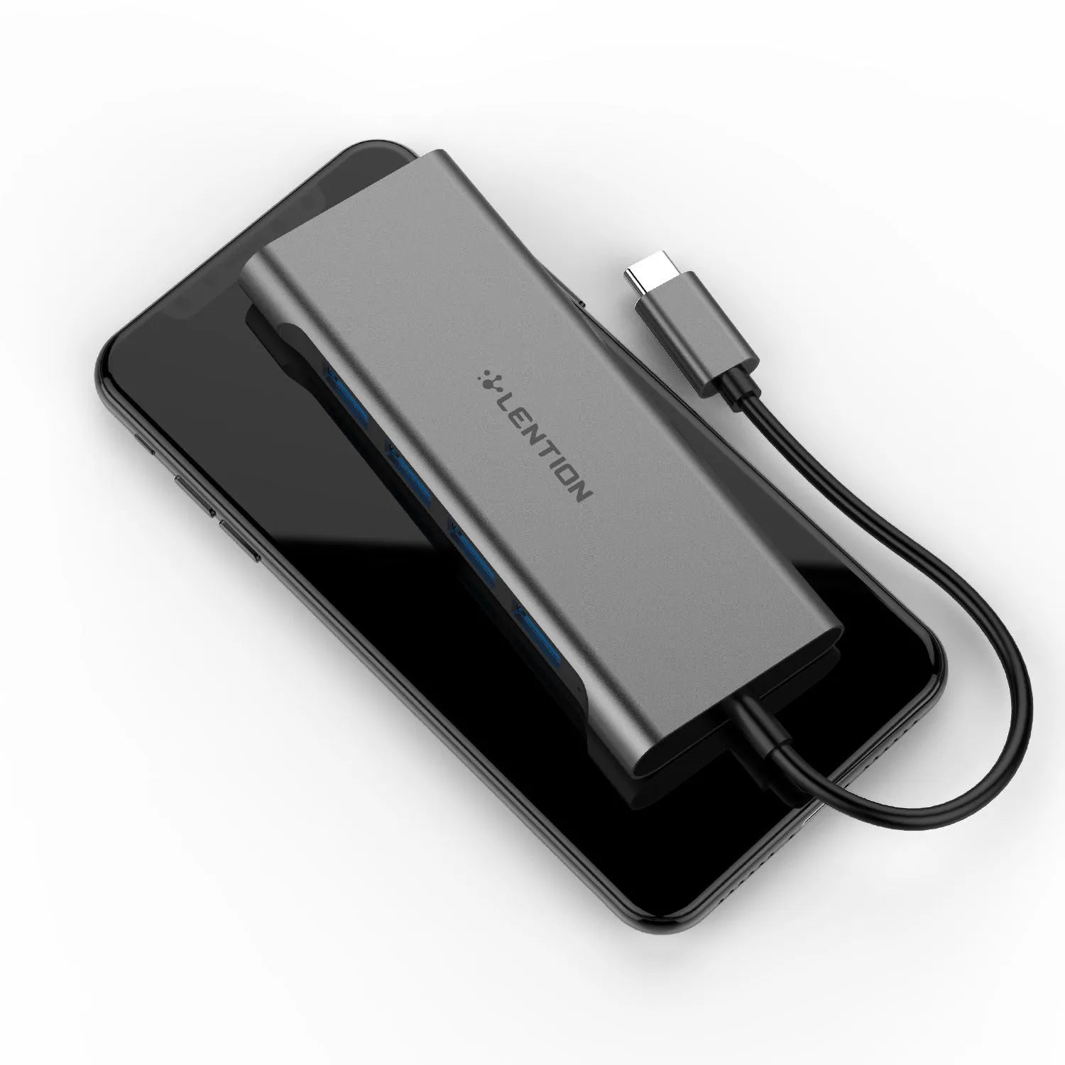 Lansheng USB Type C hub with four USB 3.0 ports and HDMI output in silver on a desk