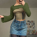 Hollow out bell sleeve knit sweater in white or Army Green, loose round neck acrylic pullover, sizes S M L
