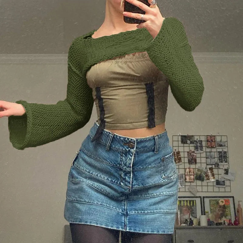 Hollow out bell sleeve knit sweater in white or Army Green, loose round neck acrylic pullover, sizes S M L