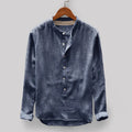 Men's solid colour casual shirt in cotton linen blend showing dark blue, grey, yellow, green, and khaki options