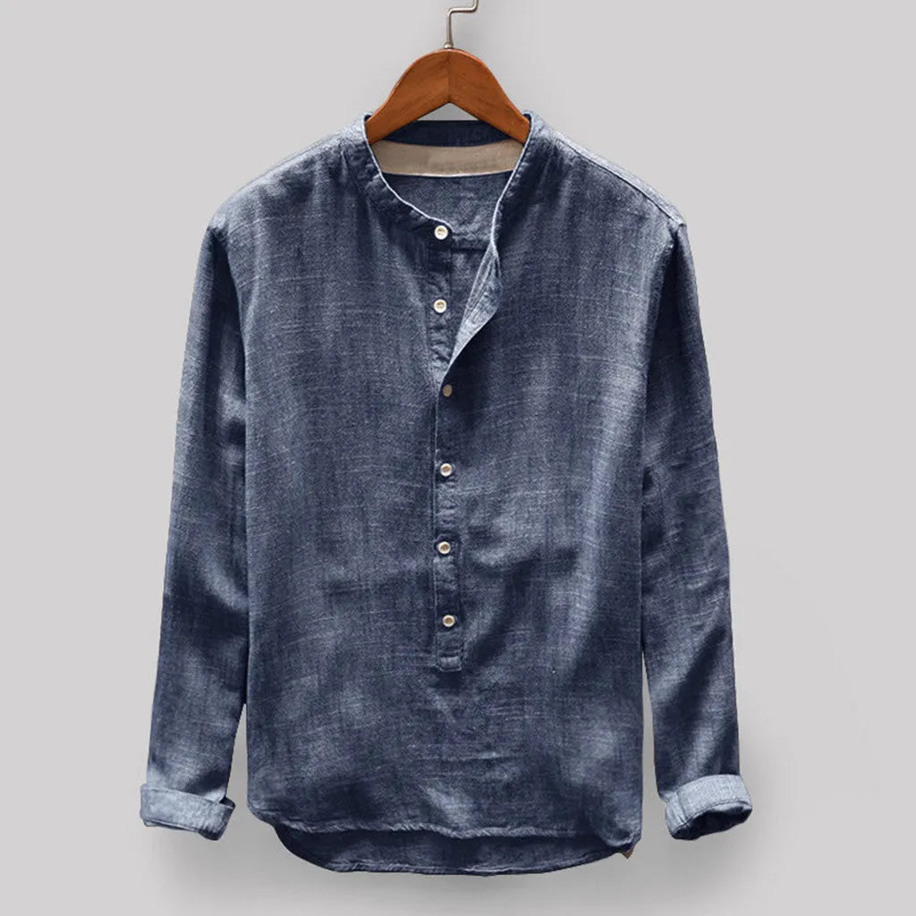 Men's solid colour casual shirt in cotton linen blend showing dark blue, grey, yellow, green, and khaki options
