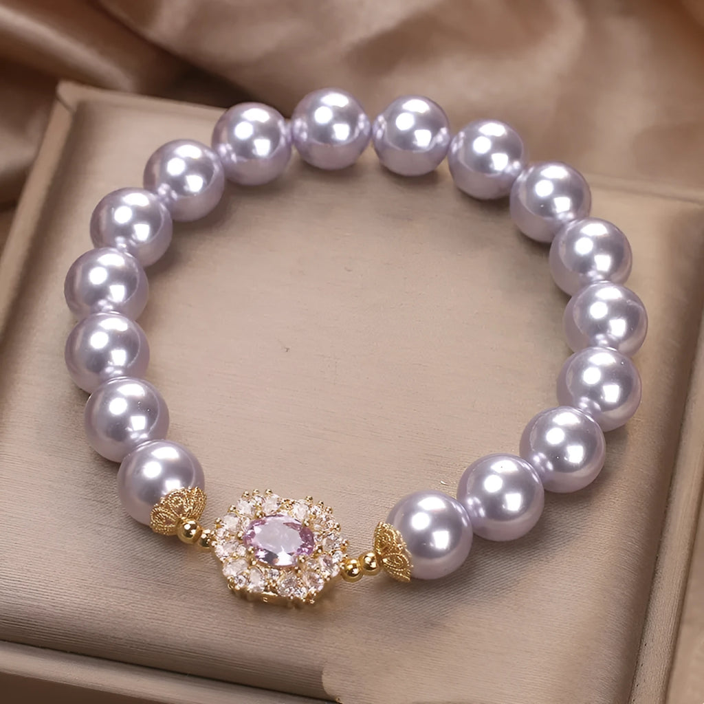 Dreamy purple zircon pearl bracelet with diamond flower design in lavender purple for women