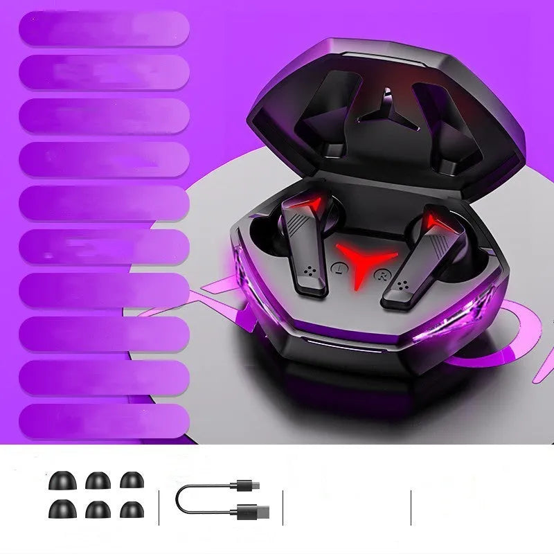 Black wireless Bluetooth gaming headset with earplug-style design showing binaural stereo sound and charging cable