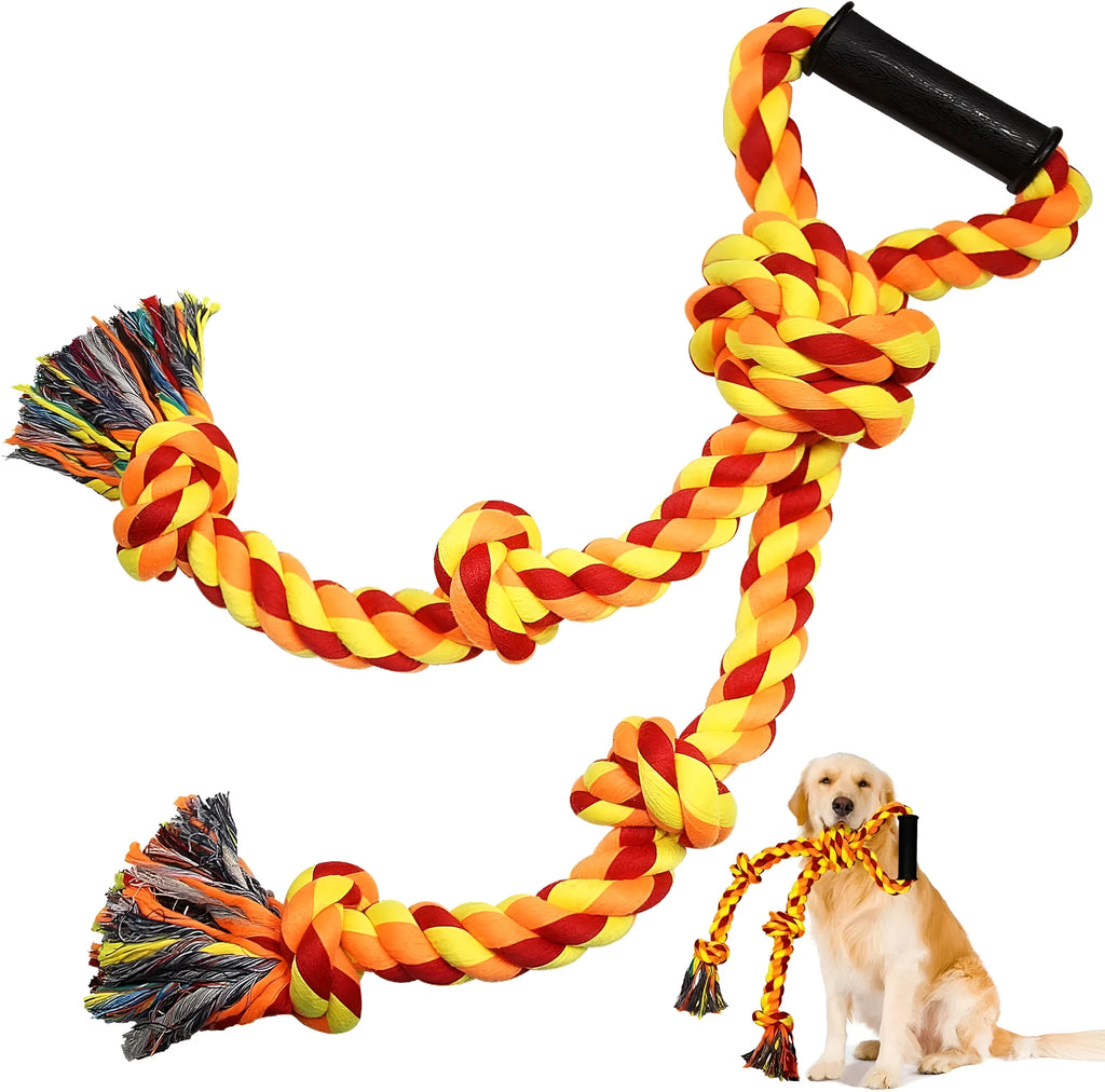 Blue and yellow cotton rope dog tug toy with a handle, shown next to a large breed dog.