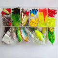142-piece fishing lure suit with hard minnow baits, sequin spinners, and metal fishing pliers laid out on a table.