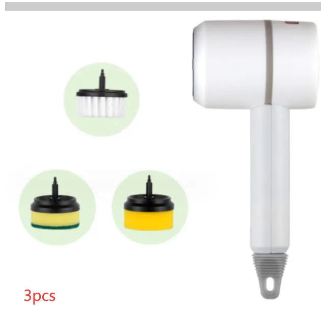 White electric cleaning brush with rotating scrub head and separate scouring pad attachment