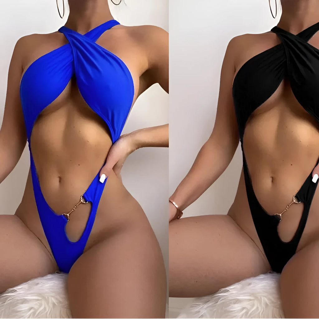 Blue and black solid colour women's one-piece swimsuit bikini on a mannequin