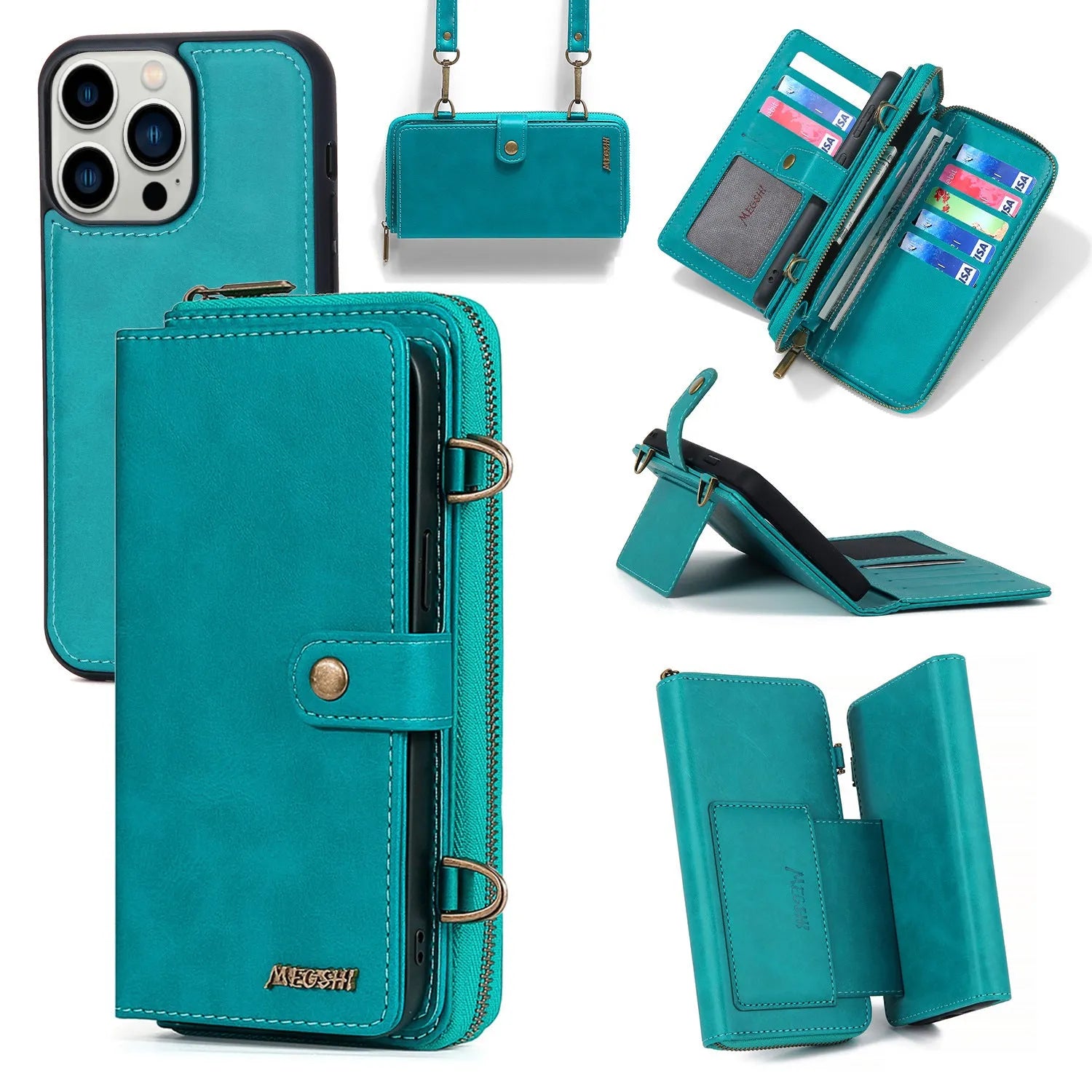 PU leather crossbody wallet phone case with card slot and stand for iPhone 16, black colour