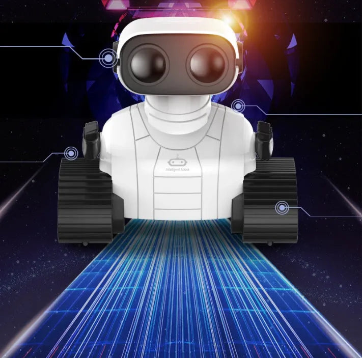 White plastic USB rechargeable remote control robot toy for children with handle remote, sound and light dancing, ages 7-14