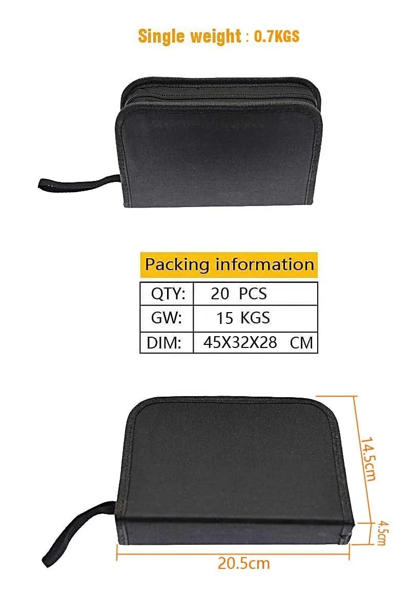 A cloth bag containing a 43-piece tire repair kit with 45 steel tools for puncture repairs.