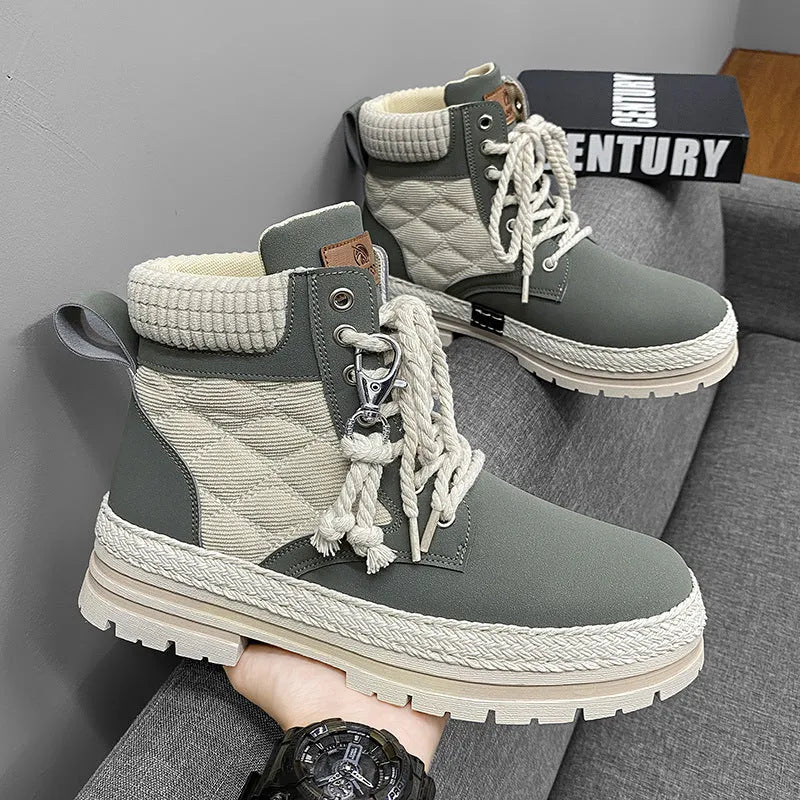 High-top platform Martin boots for students, animal pattern, pointed toe, beige colour