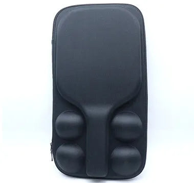 Black waterproof EVA pickleball bag with two shoulder straps, shown holding one paddle and four balls.