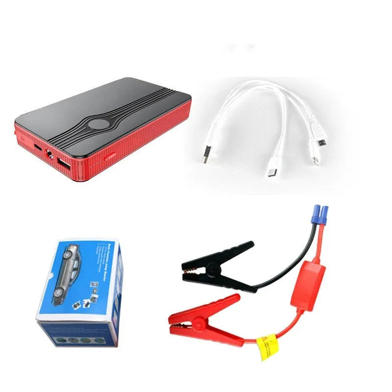 Red K4-E automobile emergency starting power supply unit with data cable, compact rectangular design.