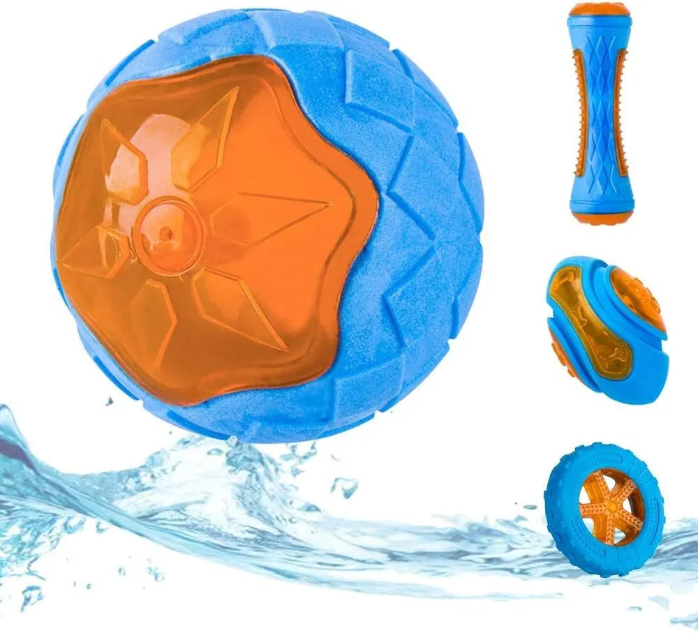 Set of four colourful floating dog toys: a ball, a barbell, and two tyres, on a blue background.
