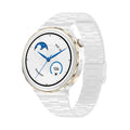 HK43 women's smart watch with gold case and white leather band, side view showing touch screen and crown button