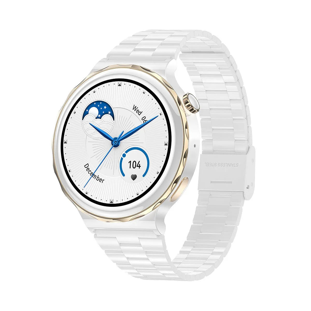 HK43 women's smart watch with gold case and white leather band, side view showing touch screen and crown button
