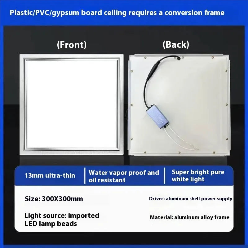 Rectangular embedded kitchen bathroom ceiling light with aluminium frame, 30x30cm, black or white colour options