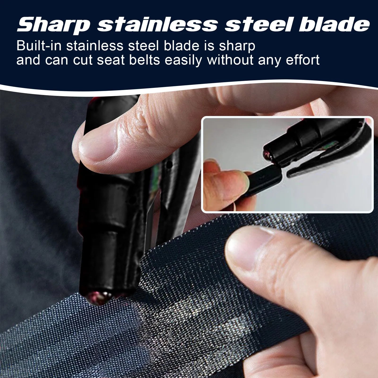 Compact car emergency glass breaking hammer with integrated seatbelt cutter measuring 3.5 x 7.5 cm
