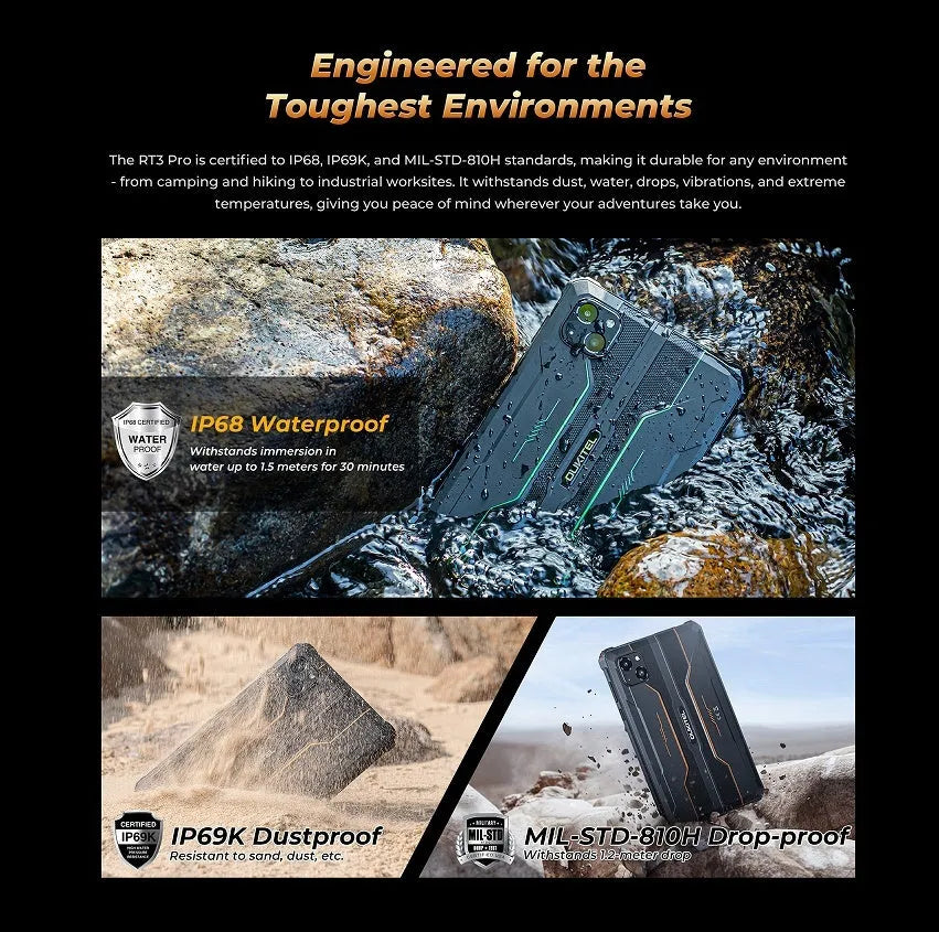 RT3 PRO Mobile Phone in plastic housing showing orange, grey and green colour options with charger