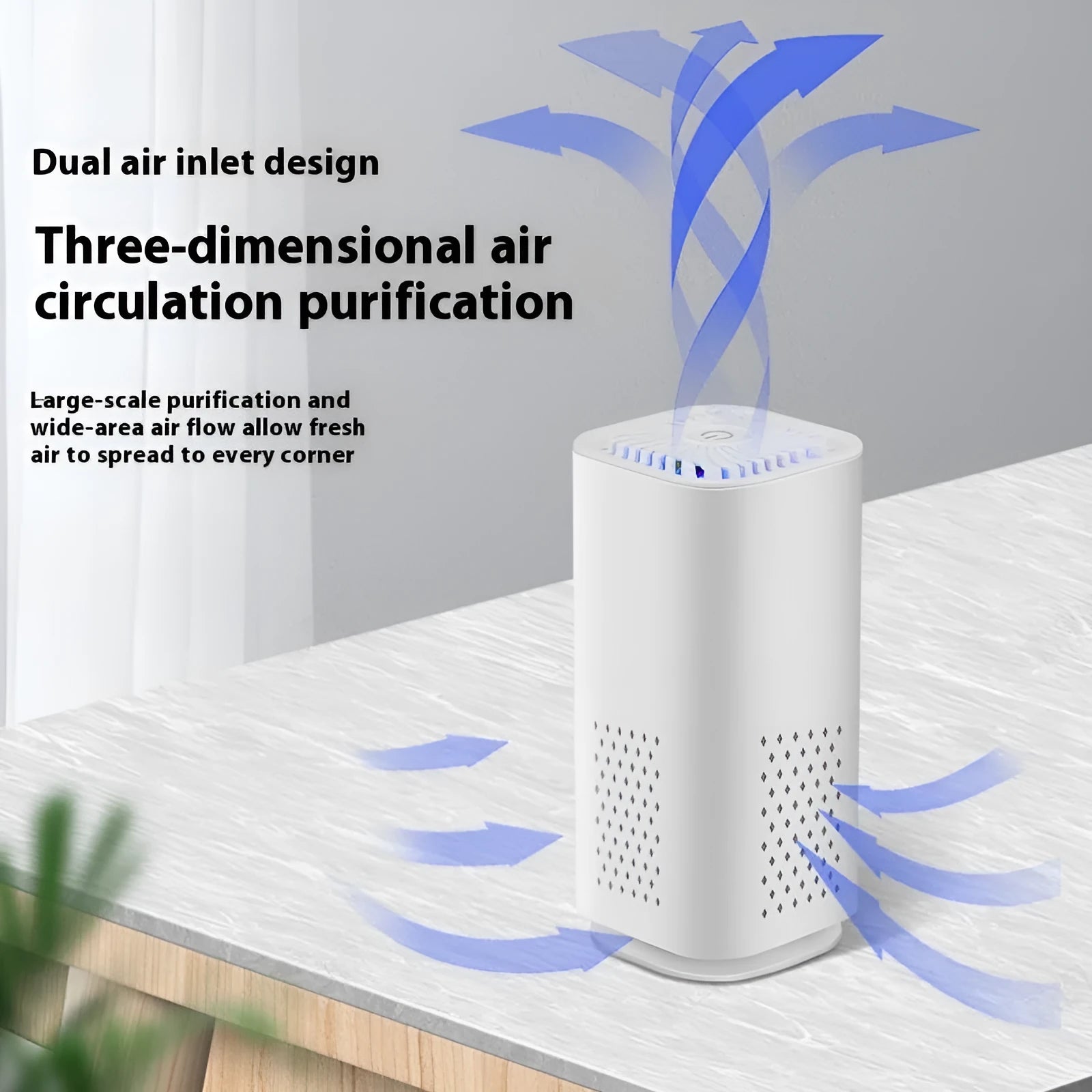 Mini car air purifier in black or white with USB cable for small space smoke and dust removal
