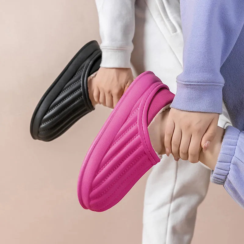 Thickened couple slippers in grey, EVA sole, non-slip, round toe, plush lined winter home shoes
