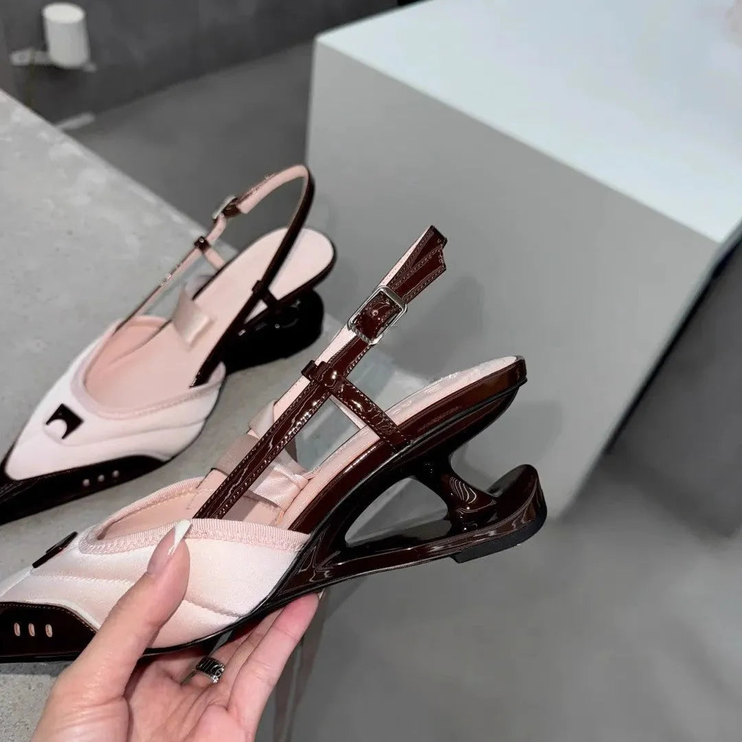 Women's black and pink special-shaped root lace-up high heels showing heel detail and lace fastening
