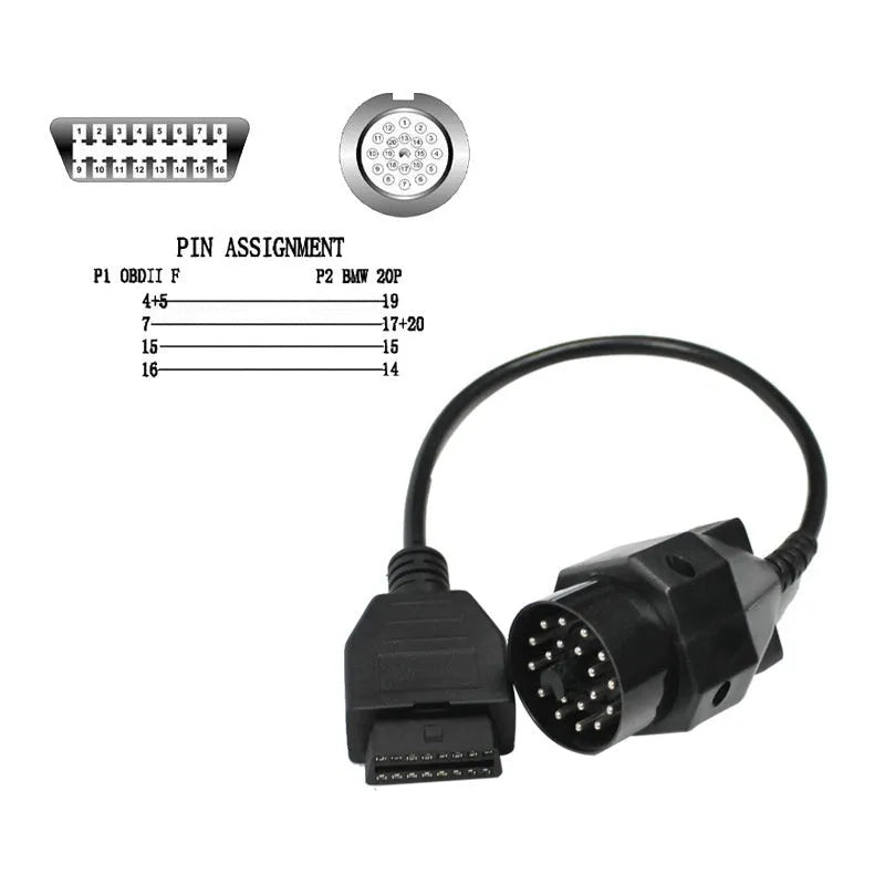 OBD2 adapter cable with BMW 20-pin connector and standard 16-pin OBD2 connector for vehicle diagnostics.