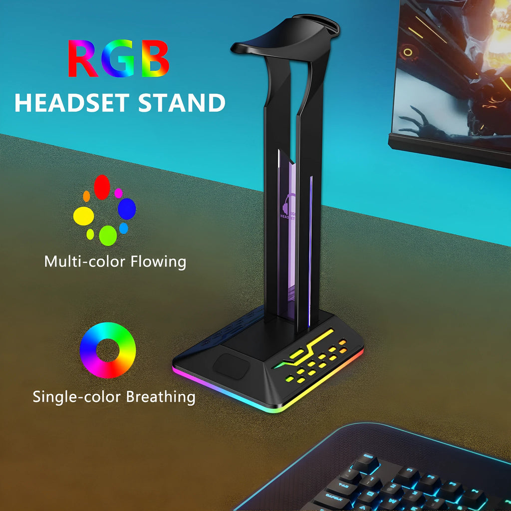 RGB colour changing headset bracket with USB ports displaying headphones