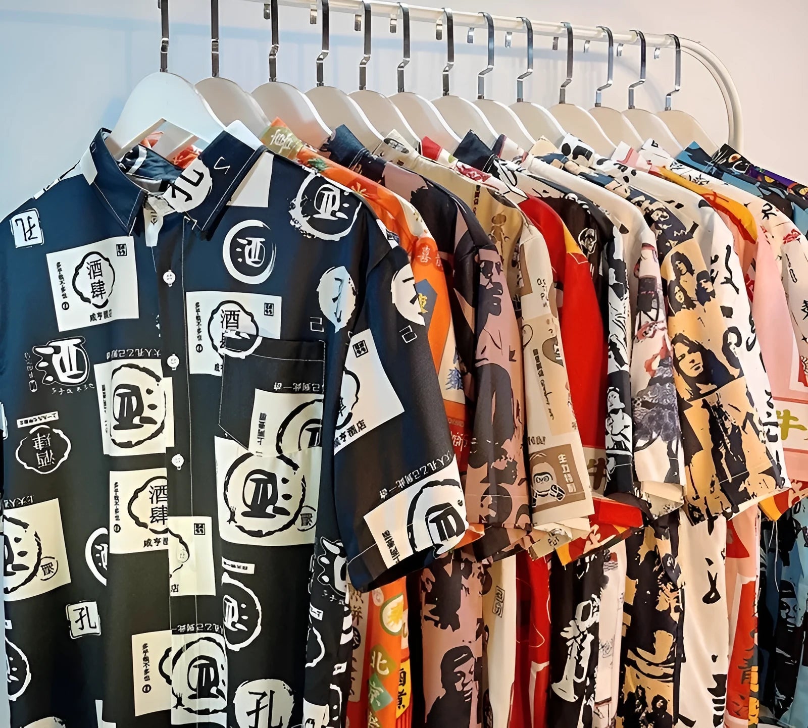 A person wearing a loose-fit short sleeve shirt with a vibrant all-over floral print.