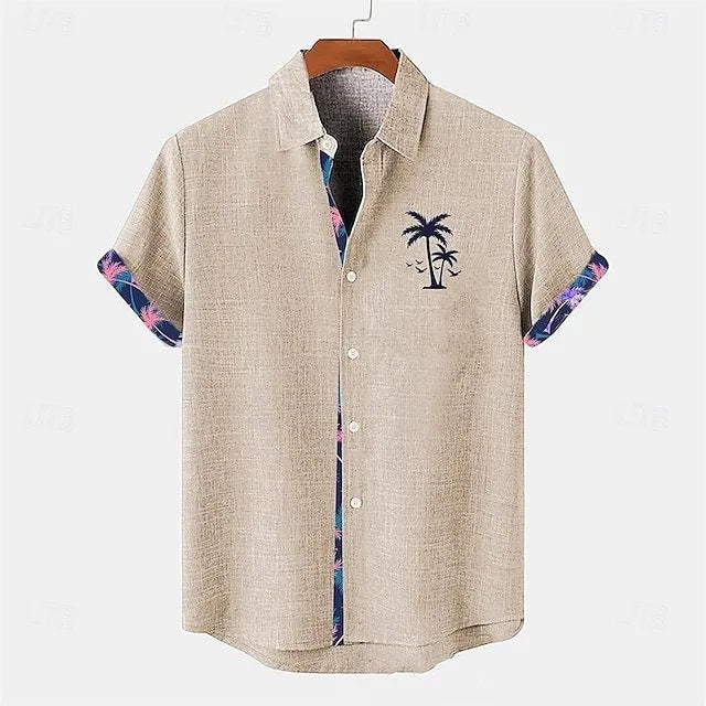 Casual loose-fit linen short sleeve shirt with a blue ocean fish pattern on the lapel.