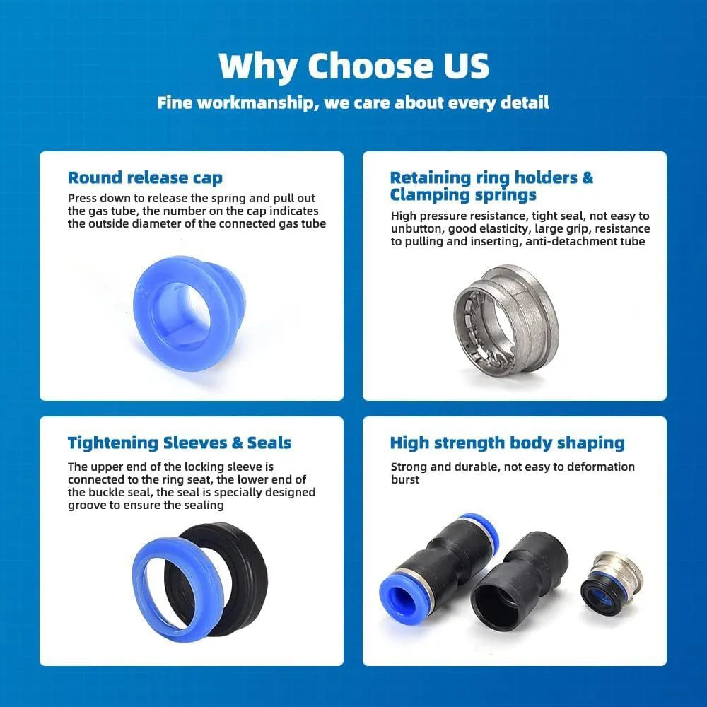 Set of 60 alloy plastic pneumatic push-in connectors with R1/4 and R1/2 fittings.