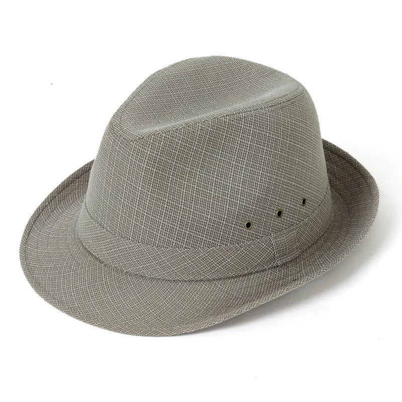 Classic brown fedora hat for men with a reinforced brim, shown on a wooden stand.