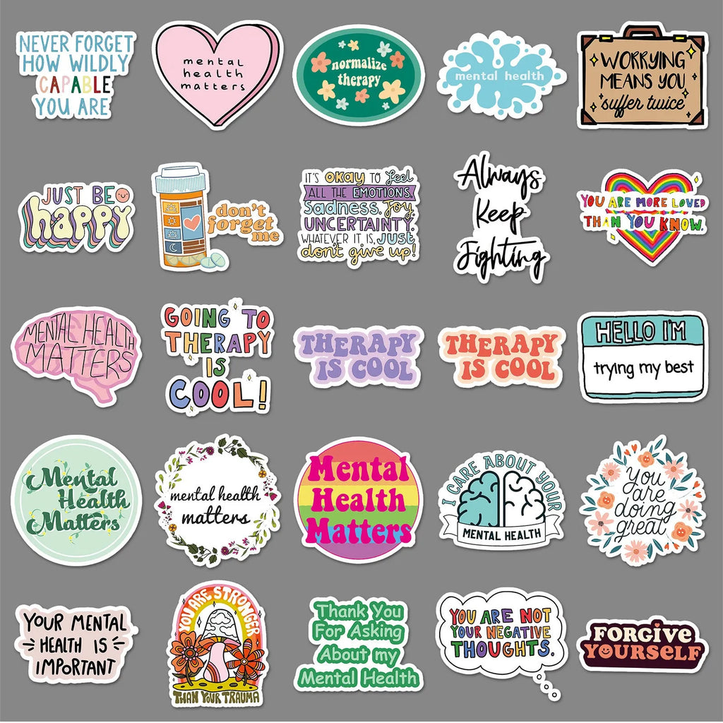 50 mental health graffiti stickers in English slogan designs, paper, 5.5-8.5cm, for phone cases and luggage