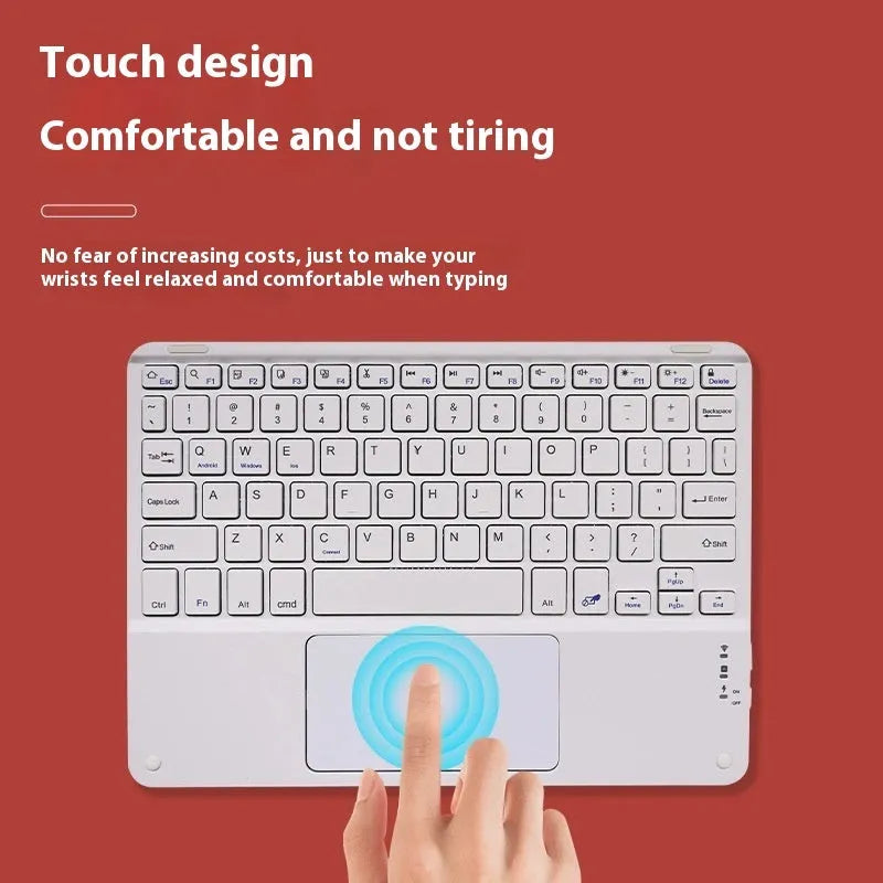 10-inch Bluetooth keyboard with touchpad, Type-C rechargeable, for mobile phone and tablet, shown in available colours