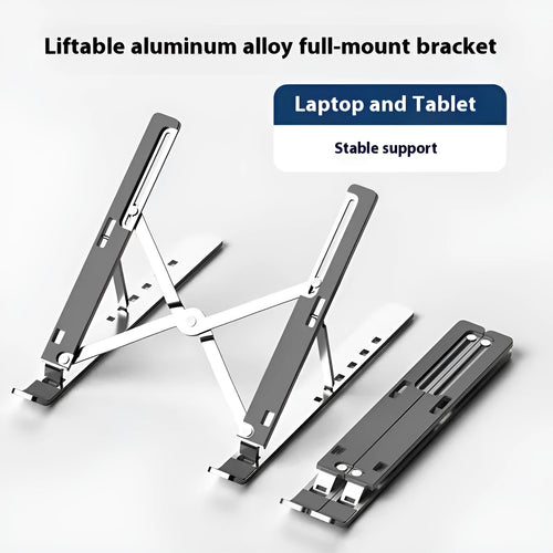 Silver aluminium alloy folding laptop stand holding a laptop, shown alongside its black cloth storage bag.