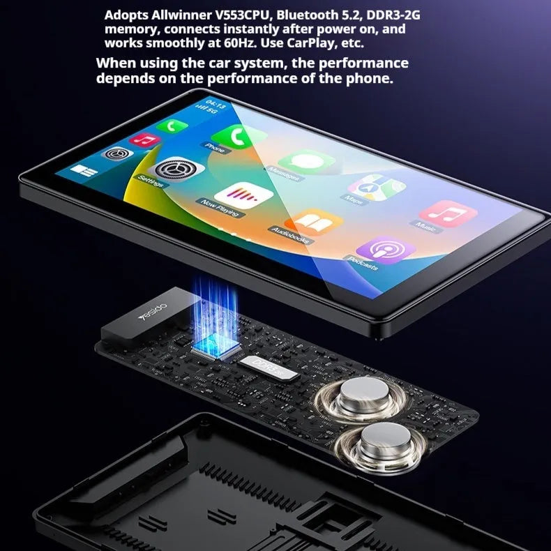 9 inch black vehicle navigation unit with capacitive touch screen showing map and dual camera recording icon