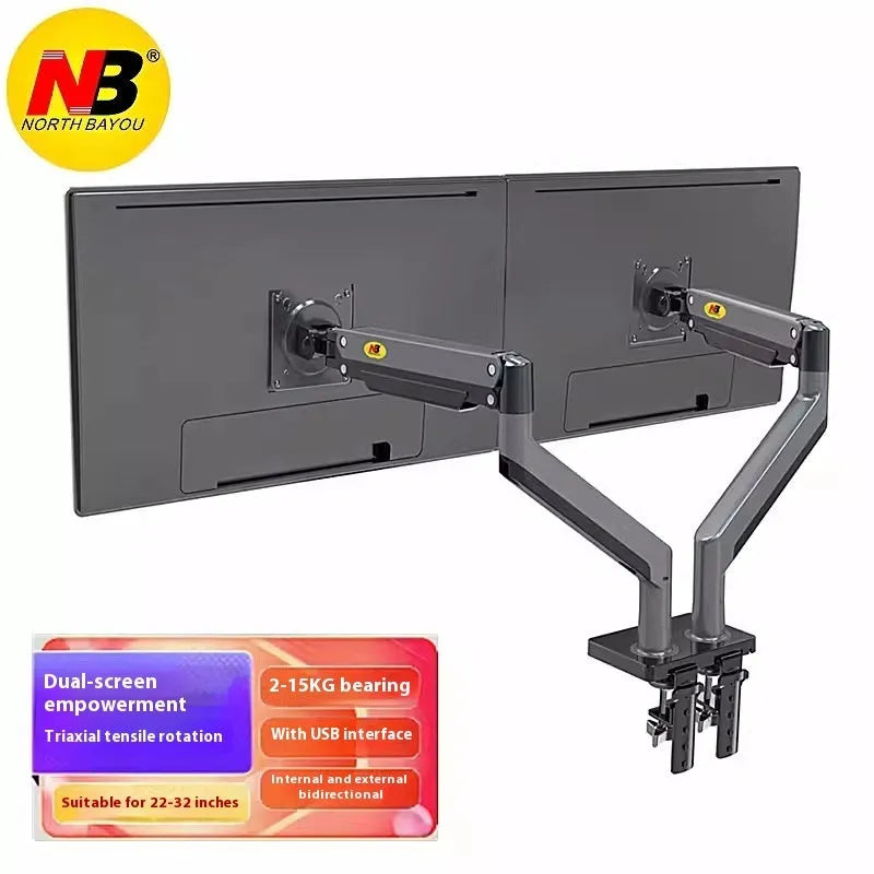 Aluminium dual monitor desk stand holding two screens, with mechanical adjustment arms.