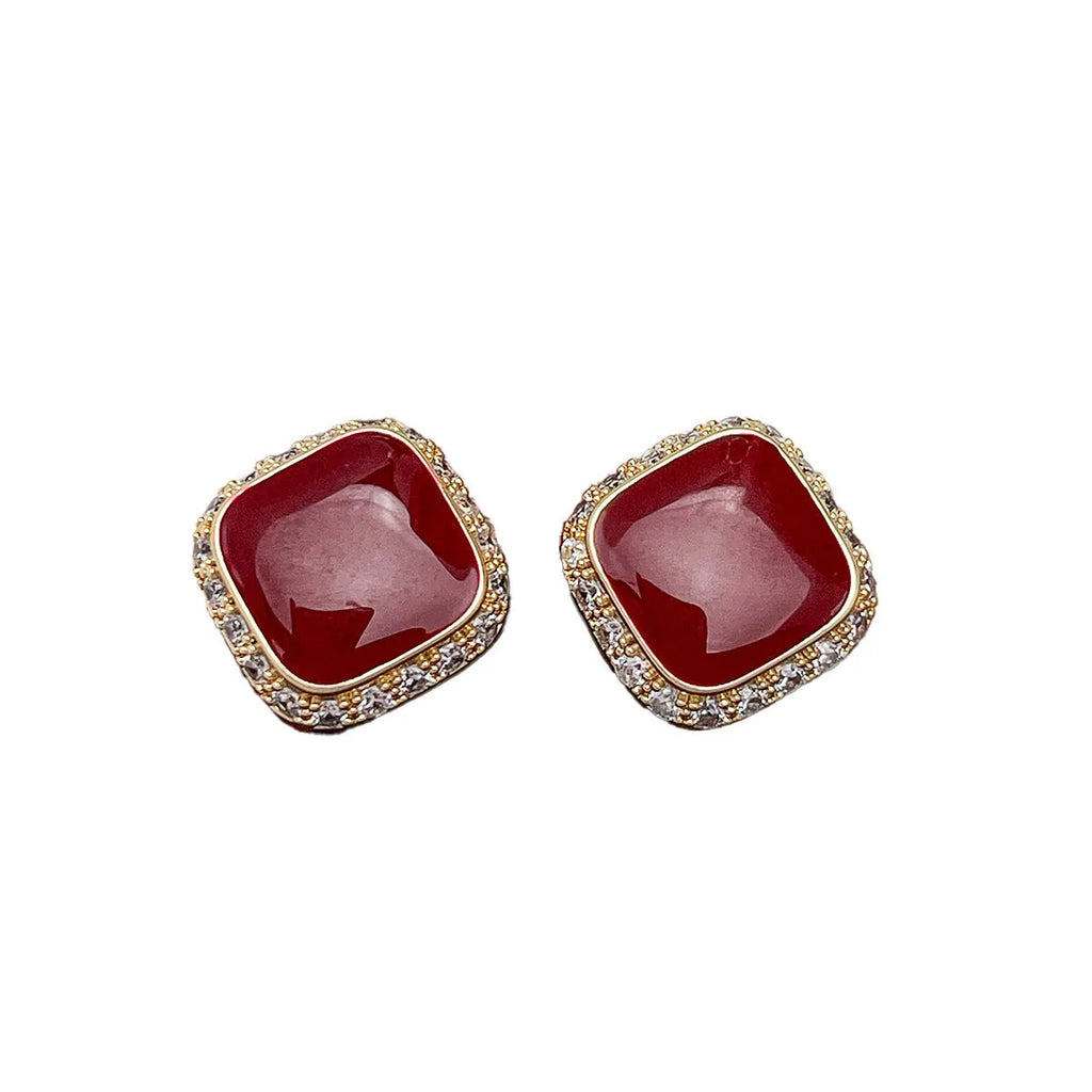 Retro red square geometric earrings with simple inlaid design