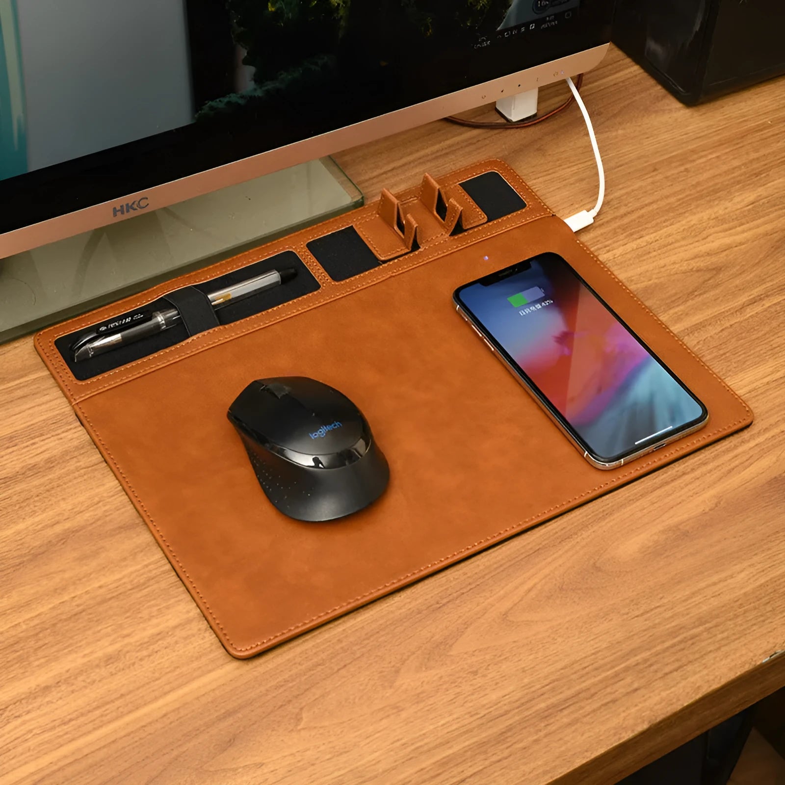 Wireless charging mouse pad with phone holder in black, brown, grey, or pink colours
