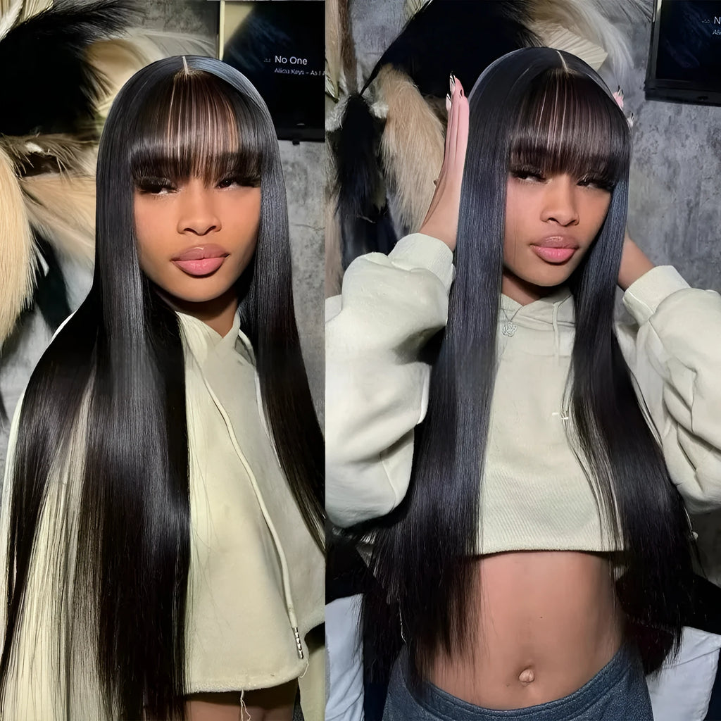 Women's natural colour full lace human hair wig on a stand, showing long length and full lace cap.