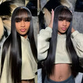 Women's natural colour full lace human hair wig on a stand, showing long length and full lace cap.