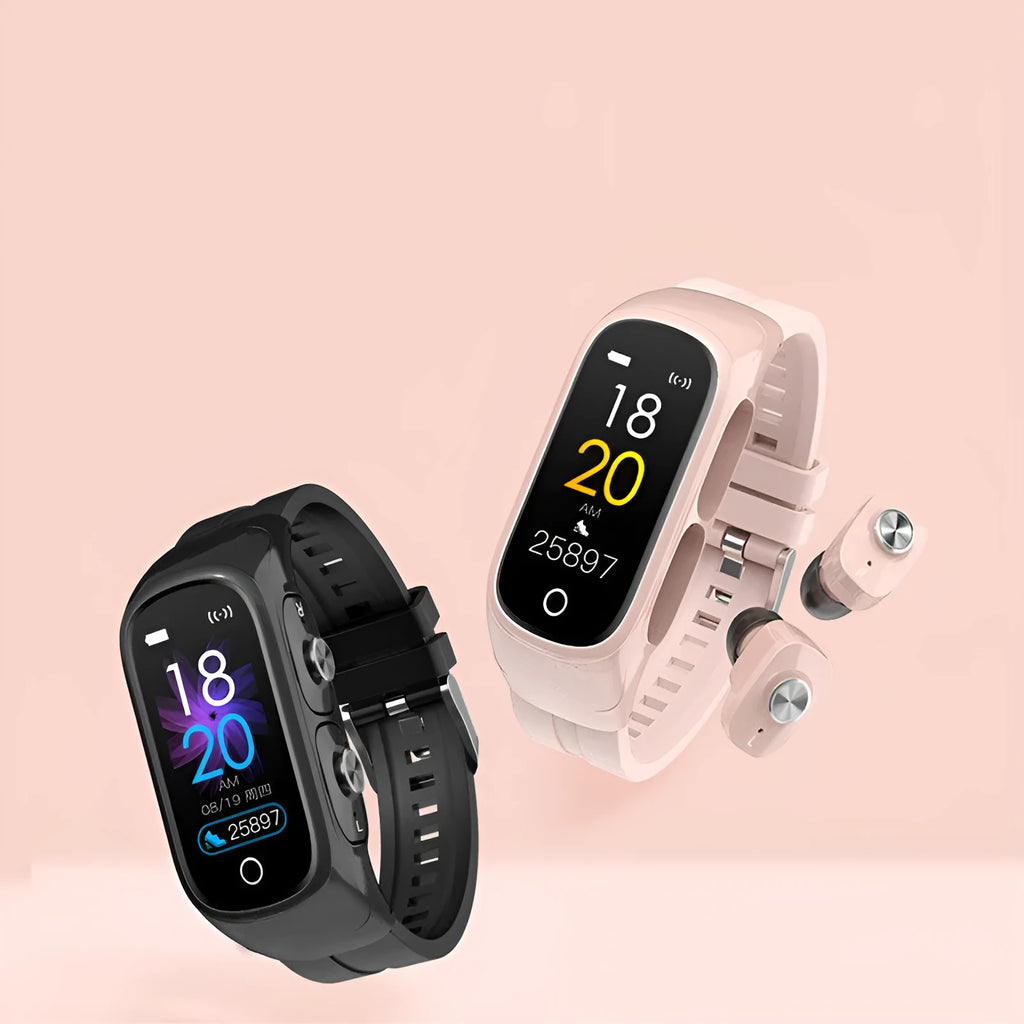 Bluetooth headset smartwatch with sport bracelet, touchscreen, and two wireless earbuds in Black